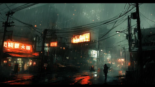 Neon rainwalker crossing a soaked midnight cyber alley.