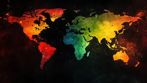 World map glows in radiant multicolor gradient spectrum.