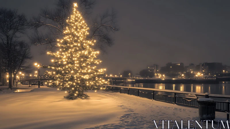 Snowy riverside park illuminated by dense warm LED tree lights
