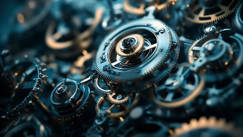 Gleaming clockwork gears in a dreamy mechanical tangle.