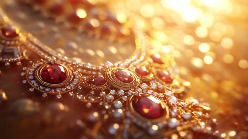 Ornate gold ruby necklace under warm glowing light.