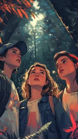 Three teenagers stand in dense forest, gazing toward light