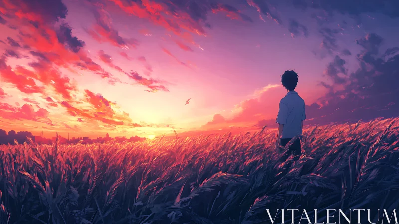Sunset wanderer adrift in a neon-gold sea of wheatfields.