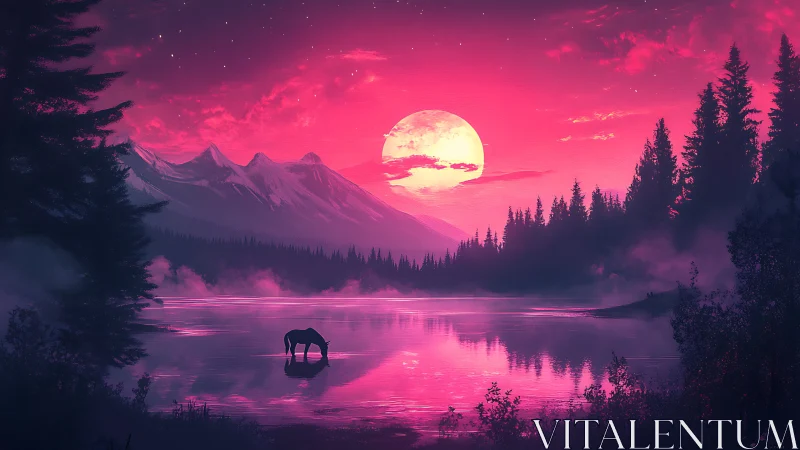 Hyper-saturated lunar lake landscape with silhouetted horse reflection