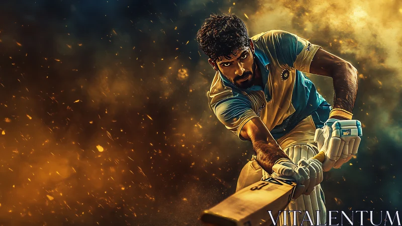 Blazing cricket charge through golden sparks and stormlight.