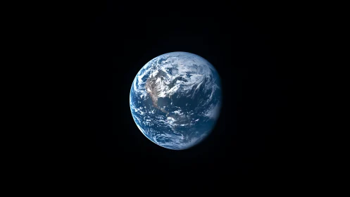 Earth floats in deep space, blue oceans dominate view.