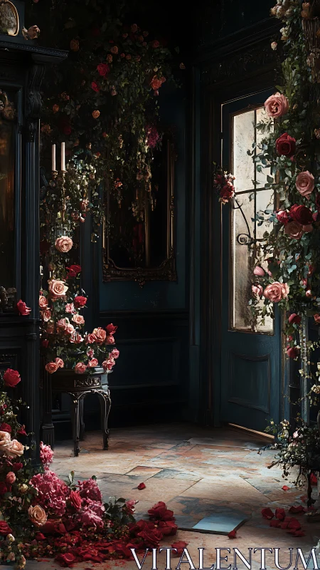 Opulent dark hallway overgrown with romantic cascading roses