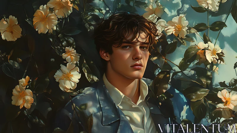 Digital painting portrait amid luminous camellia foliage.