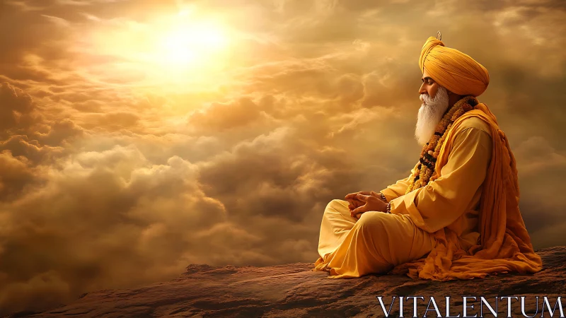 Elderly sage meditates on cliff edge under radiant golden sky