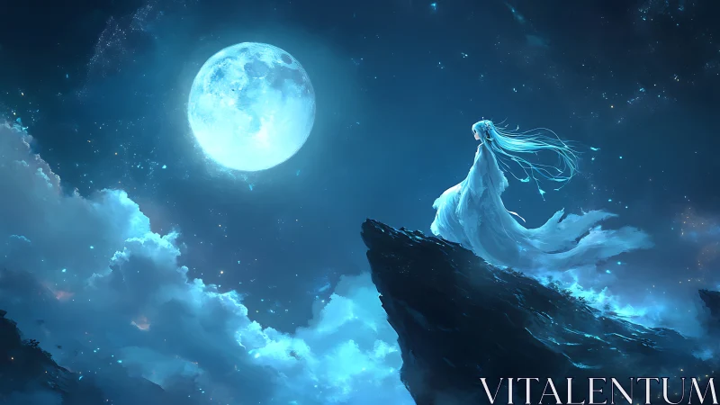 Moonlit sky-bridge where a silver-haired spirit lingers.