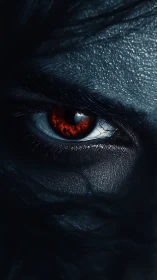 Burning crimson eye pierces through shadowed, textured skin