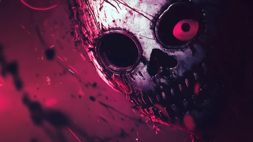 Glowing pink skull mask emerges from dark swirling void