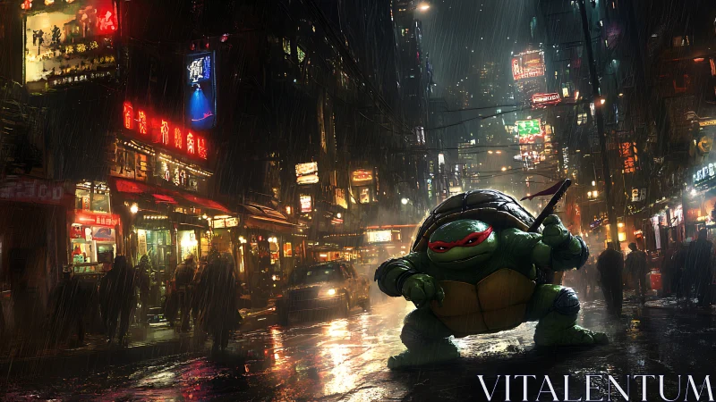 Anthropomorphic turtle warrior in rainy neon city street scene.