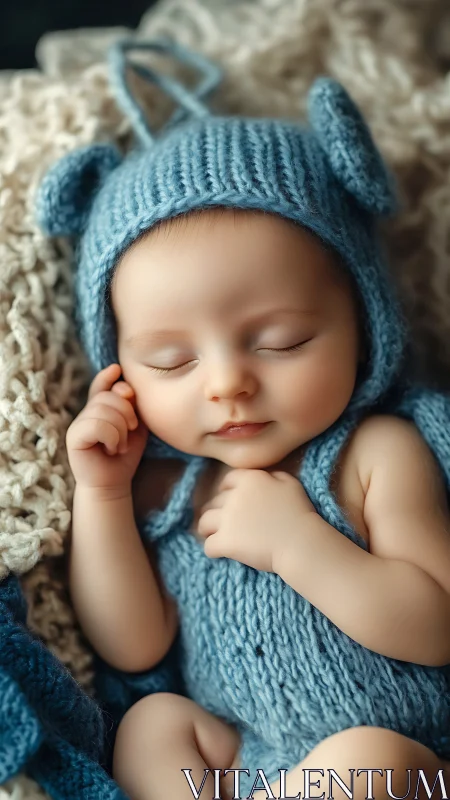Serene Newborn Portrait in Teal Knit Bonnet and Textured Wrapping.
