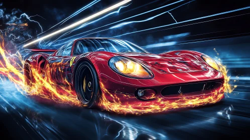 Flaming red supercar in electrified high‑velocity tunnel chase.
