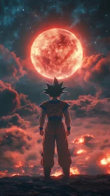 Celestial warrior confronts a burning lunar apocalypse sky.