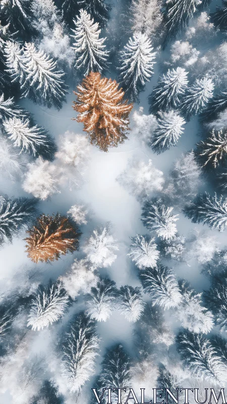 Golden evergreens glowing softly in a quiet winter forest.