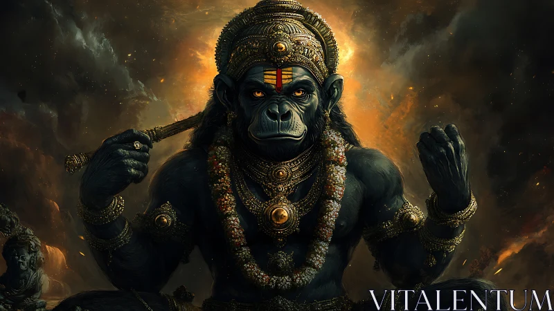 Mythic simian deity in ornate regalia, cinematic digital painting.