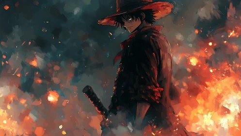 Solitary swordsman stands amid abstract inferno brushwork