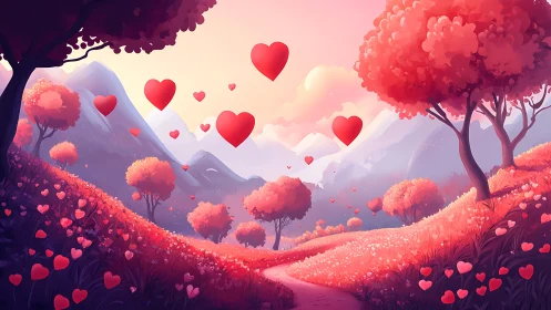 Heart-Shaped Flowers and Landscape in Gradient Pink Palette