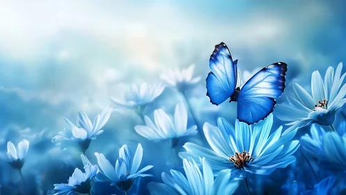 Blue morpho butterfly on cyan daisies in shallow depth of field