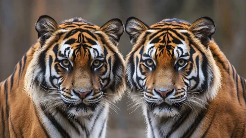Twin Tigers Face Forward with Piercing Gaze and Sharp Focus