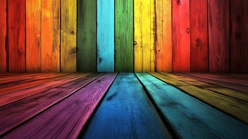 Vivid rainbow wooden room pulses with playful creative energy
