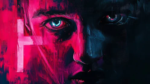 Neon-lit cyber face emerges from darkness with intense gaze.