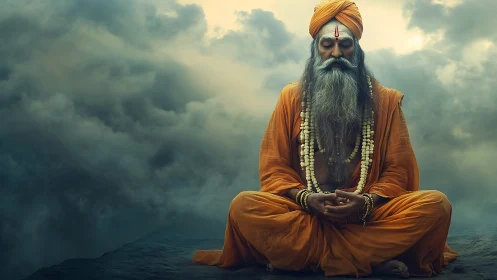 Skyborne sage in swirling clouds of quiet meditation.