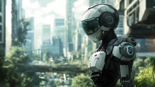 Futuristic android overlooking lush overgrown megacity skyline.
