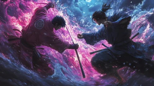 Twin storm samurai carve neon tides in a frozen heartbeat