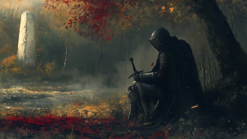 Solitary armored knight resting by autumn forest monolith.