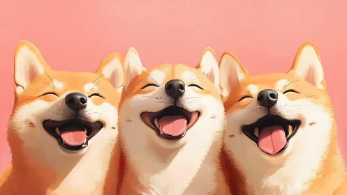 Triple Shiba smiles brightening a soft pastel afternoon.