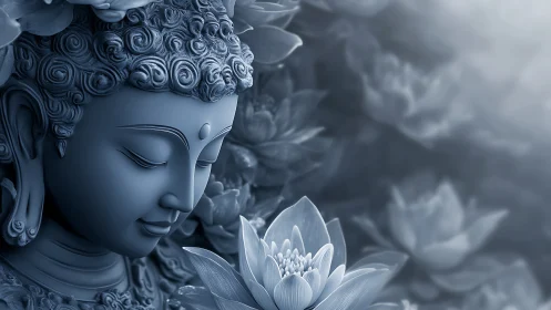 Rendered Buddha head is positioned beside detailed lotus bloom