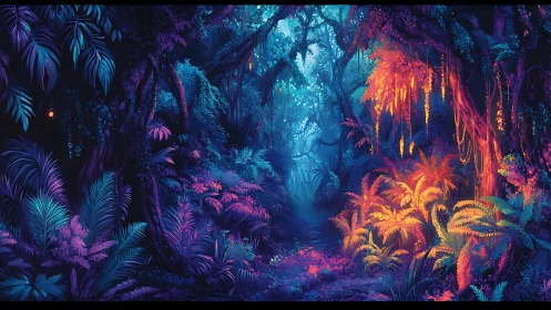 Neon jungle pathway glows under surreal bioluminescent light