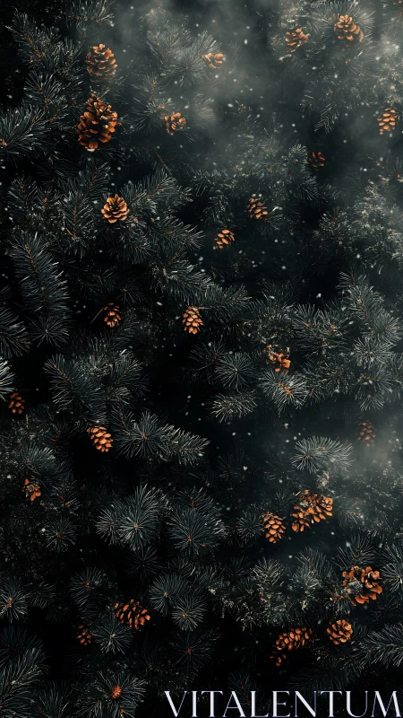 Smoky evergreen pine canopy with glowing amber cones.