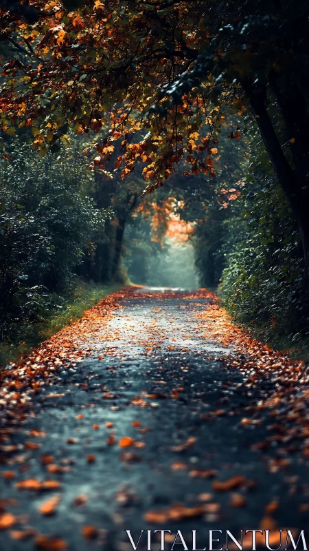Autumn's Luminous Tunnel: Where Golden Leaves Dance Through Emerald Walls