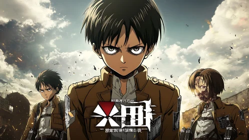 Three anime soldiers stand in ruined battlefield scene