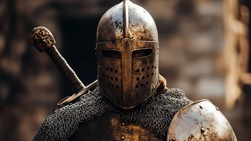 Medieval armored knight stands front facing with sword ready