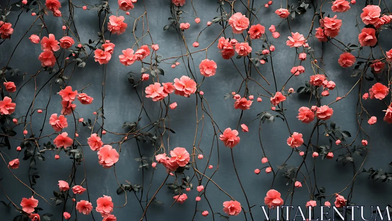 Red and coral carnations suspended against dark teal wall.