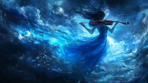 Celestial violinist drives turbulent blue energy in cosmic void