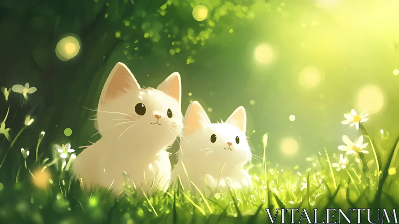 Juvenile Feline Subjects in Verdant Meadow Environment with Atmospheric Bokeh