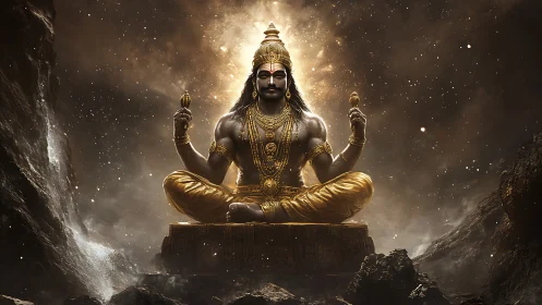Divine golden deity seated in cosmic mountain shrine.