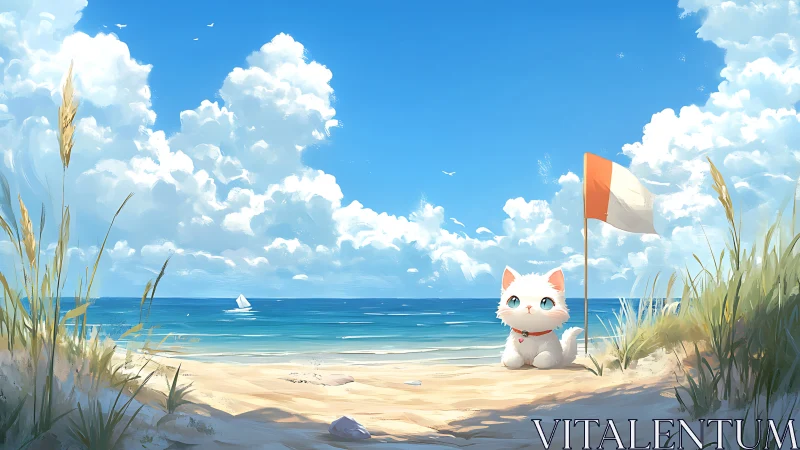 Tiny seaside guardian cat quietly patrols the cotton-sky shore