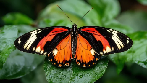 Macro study of a tropical butterfly on wet foliage surface.
