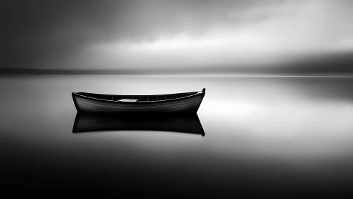 Quiet wooden boat resting on a mirror-still silver lake.