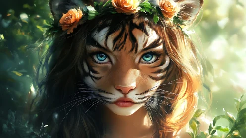 Hybrid tiger-girl portrait unites feline anatomy and floral crown