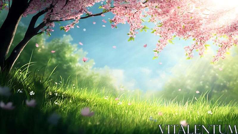 Radiant spring meadow under luminous cherry blossoms canopy.