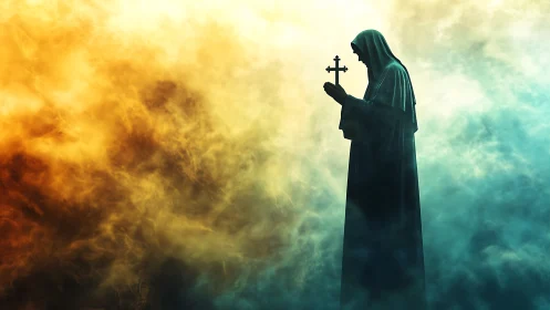 Hooded religious figure holds cross amid dense colored fog