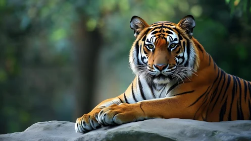 Calm Bengal tiger resting on rock in forest setting.